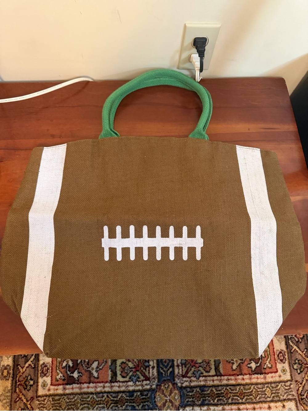 Green-Handle Brown Football Tote Bag